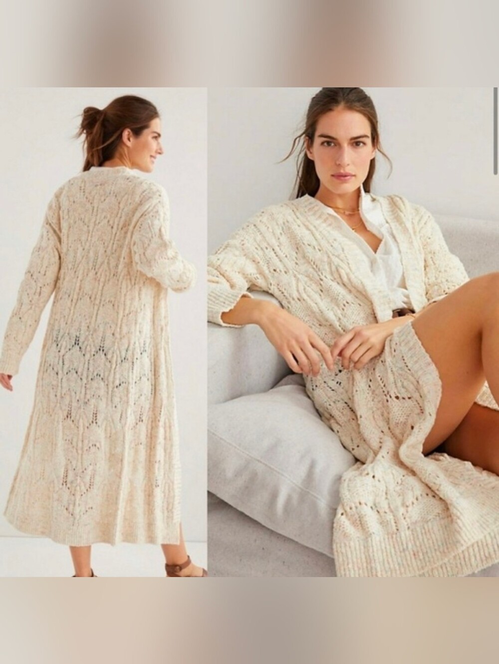 Pilcro Anthropologie Pointelle Knit Long Duster Cardigan Sweater Cream XS
